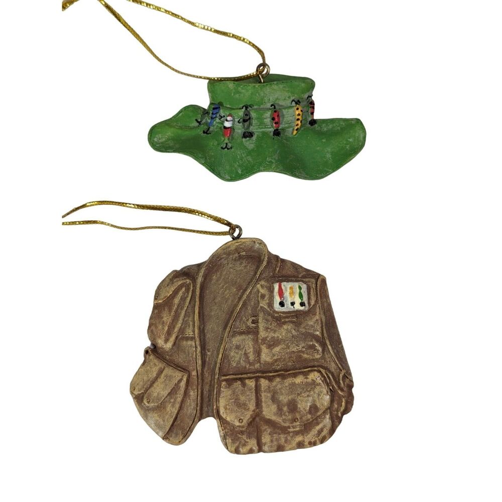 Fishing Vest and Hat Ceramic Ornaments 2-Piece Brown Green Gold String Vintage